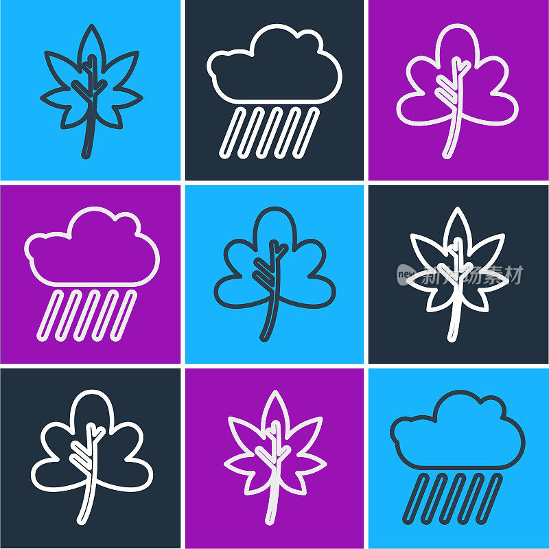 Set line Leaf or leaves, Leaf or leaves and Cloud with rain icon. Vector